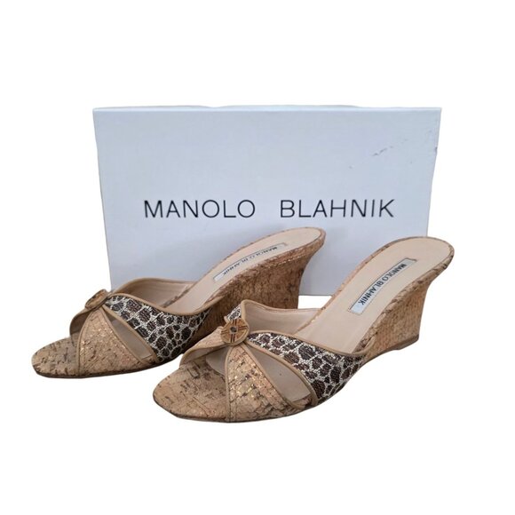 Manolo Blahnik Leopard Cork Wedge Slides Sandals 36.5 6.5 - Picture 1 of 6